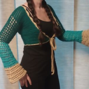 Teal and Beige Women's Crochet Sweater